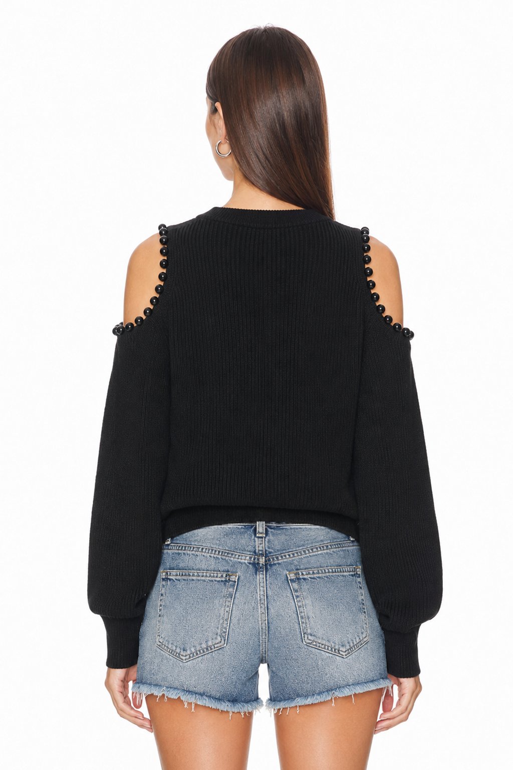 Sunzel Womens Cropped Sweater Coat Cold Shoulder Knit Top Pearl Trim Long Sleeve Crew Neck Fall Winter Going Out Outfit