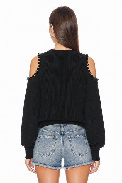 Sunzel Womens Cropped Sweater Coat Cold Shoulder Knit Top Pearl Trim Long Sleeve Crew Neck Fall Winter Going Out Outfit