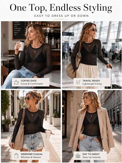 Sunzel Women's Sheer Long Sleeve Fitted Mesh Layering Top for Bralette | Lightweight Cotton-Blend Knit, Soft Stretch, Semi-Sheer Coverage, Lettuce Cuffs, Regular Length For Beach and Casual Wear