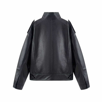 Sunzel Faux Leather Bomber Jacket Women Black Long Sleeve Zip Up Fall Streetwear Moto Coat with Pockets, Smooth Cropped Fit