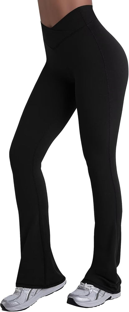 Sunzel No Front Seam Crossover Flare Leggings for Women Hidden Butt Lifting Scrunch Tummy Control Mini Flared Yoga Pants