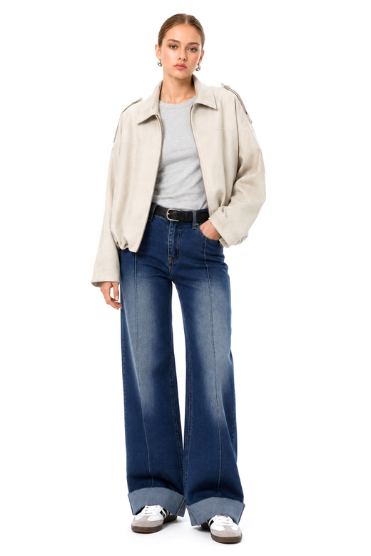 Sunzel Women’s High Waisted Cuffed Hem Jeans, Wide Leg Straight Denim Pants