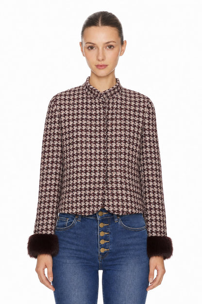 Sunzel Womens Tweed Coat Cropped Plaid Trench Style Short Winter Outerwear with Faux Fur Cuffs Dressy Casual Jacket