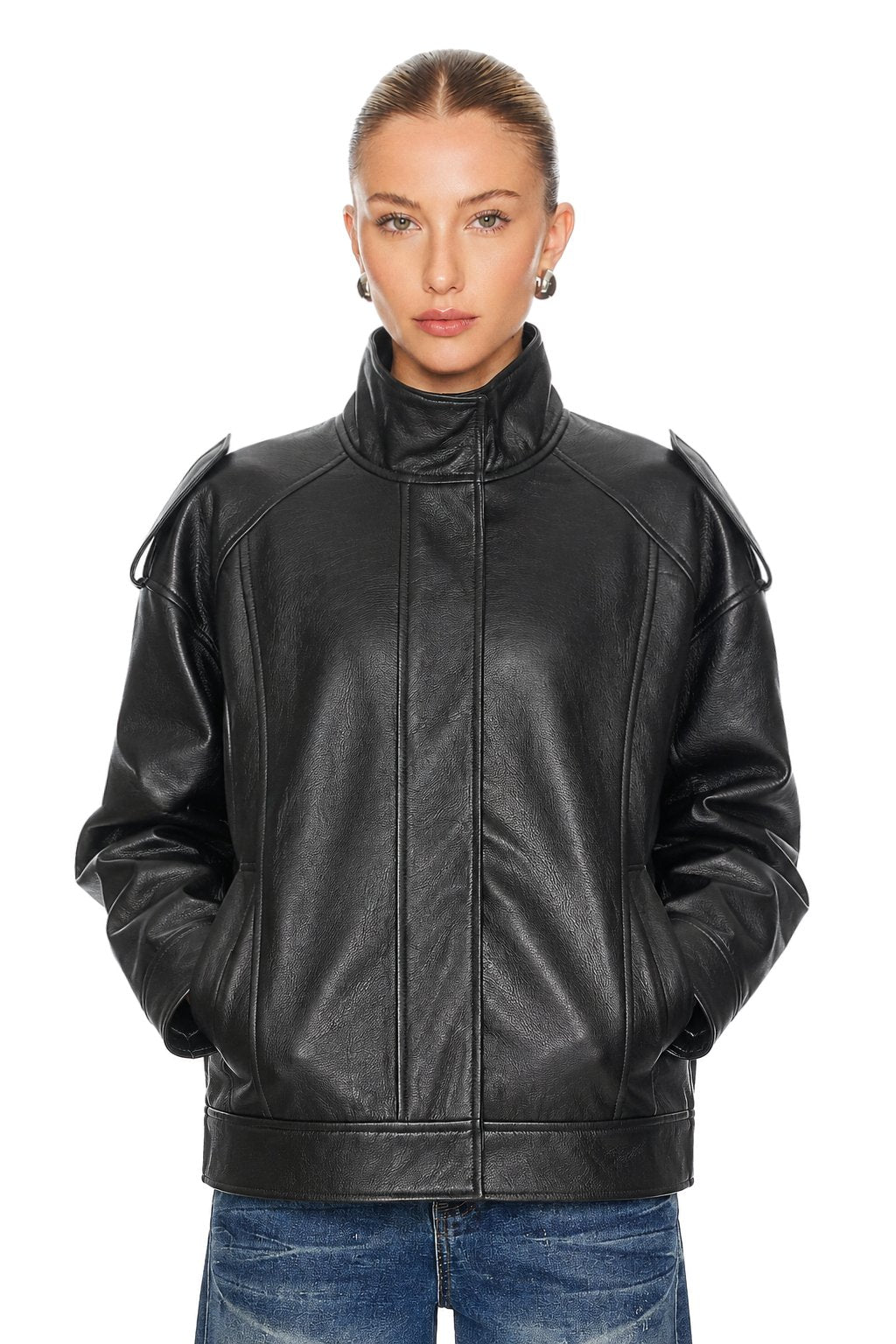 Sunzel Womens Faux Leather Jacket Black Zip Up Moto Coat Pockets, Long Sleeve Stand Collar Relaxed Short Fall Streetwear Outerwear
