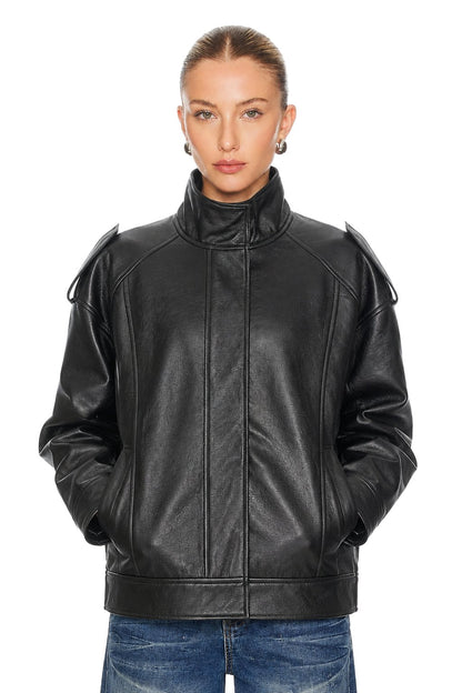 Sunzel Womens Faux Leather Jacket Black Zip Up Moto Coat Pockets, Long Sleeve Stand Collar Relaxed Short Fall Streetwear Outerwear
