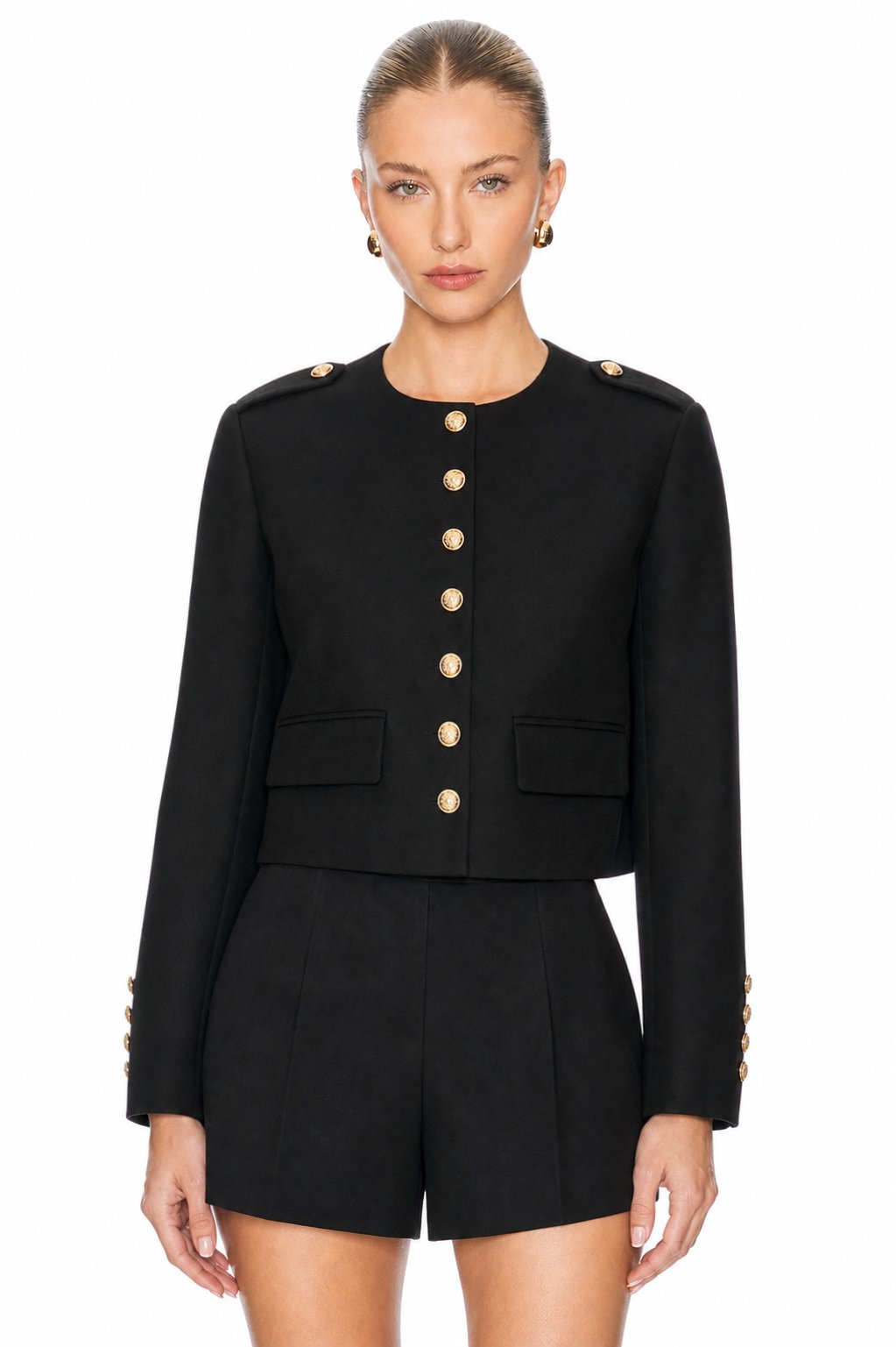 Sunzel Womens Cropped Military Jacket Black Collarless Blazer Gold Button Fall Dress Coat