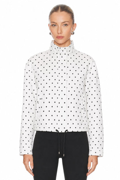 Sunzel Womens Polka Dot Jacket White Stand Collar Drawstring Hem, Lightweight Short Spring Fall Outerwear Long Sleeve Casual Coat