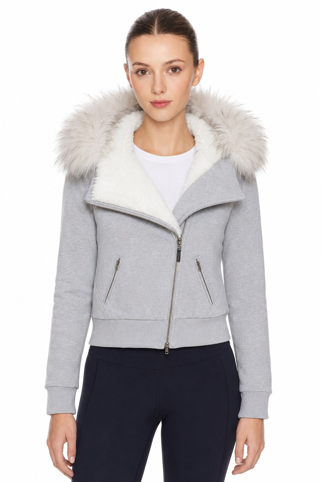 Sunzel Womens Zip Up Hoodie Jacket Faux Fur Hood Trim Cropped Coat, Sherpa Lined Warm Sweatshirt Jacket with Pockets, Fall Winter Casual Outerwear