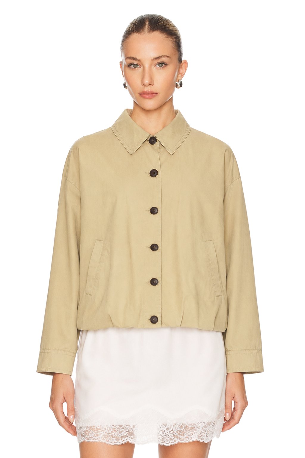 Sunzel Womens Button Down Jacket Beige Khaki Short Fall Coat, Collared Lightweight Casual Outerwear Long Sleeve with Side Pockets