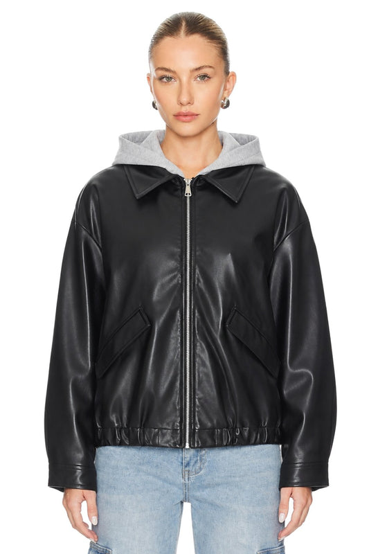 Sunzel Womens Faux Leather Hooded Bomber Jacket Cropped Black Zip Up Coat, Oversized Fall Winter Casual Outerwear with Pockets