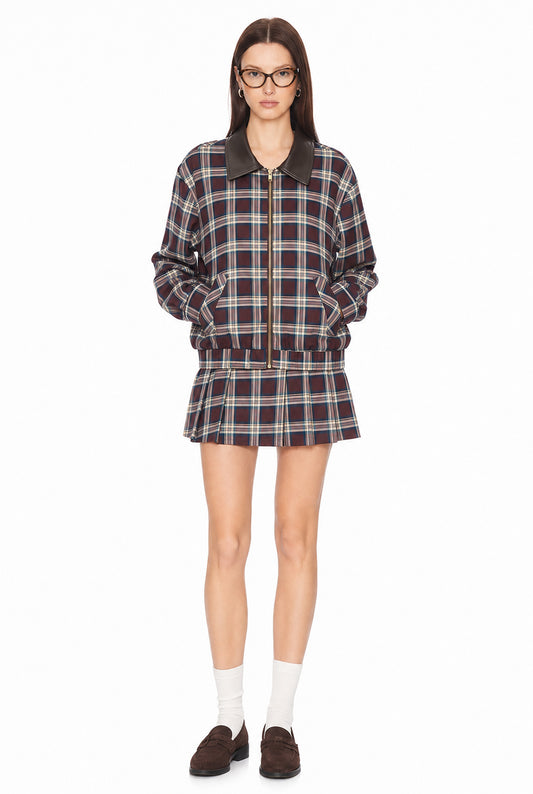 Sunzel Womens Plaid Two Piece Skirt Set Zip Up Jacket Mini Skirt, Faux Leather Collar Matching Outfit with Pockets, Fall Spring Casual Streetwear Set