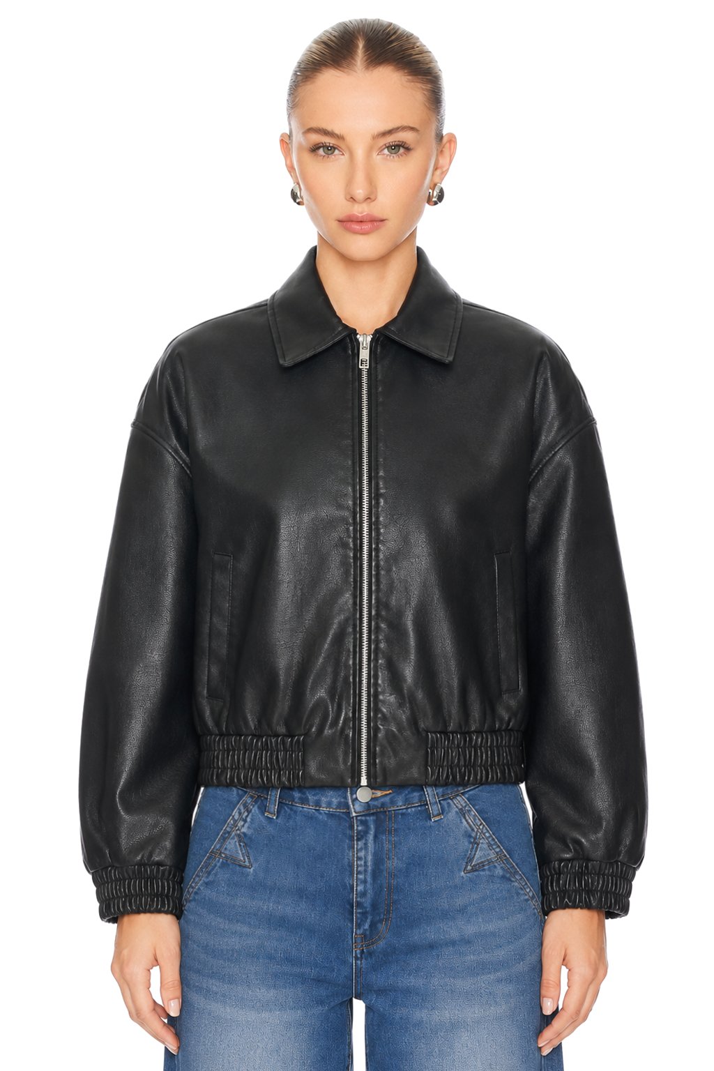 Women Faux Leather Jacket Cropped Bomber Jacket Oversized PU Leather Coat with Pockets, Black Zip Up Moto Jacket, Trendy Streetwear Fall Spring Outwear
