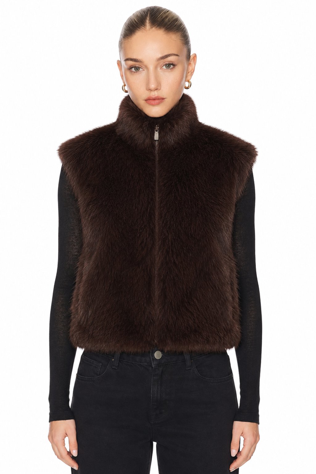 Sunzel Womens Faux Fur Vest Zip Up Sleeveless Fluffy Plush Gilet, Stand Collar Brown Winter Layering Outerwear for Women