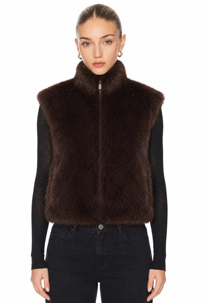 Sunzel Womens Faux Fur Vest Zip Up Sleeveless Fluffy Plush Gilet, Stand Collar Brown Winter Layering Outerwear for Women