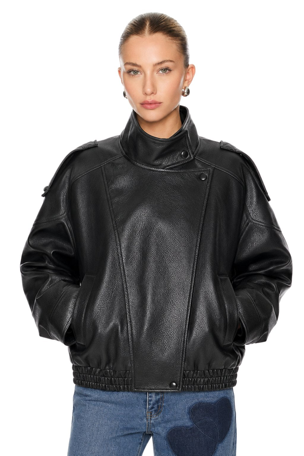 Sunzel Womens Faux Leather Bomber Jacket Moto Zip Up Coat Stand Collar, Oversized PU Leather Short Fall Winter Outerwear with Pockets