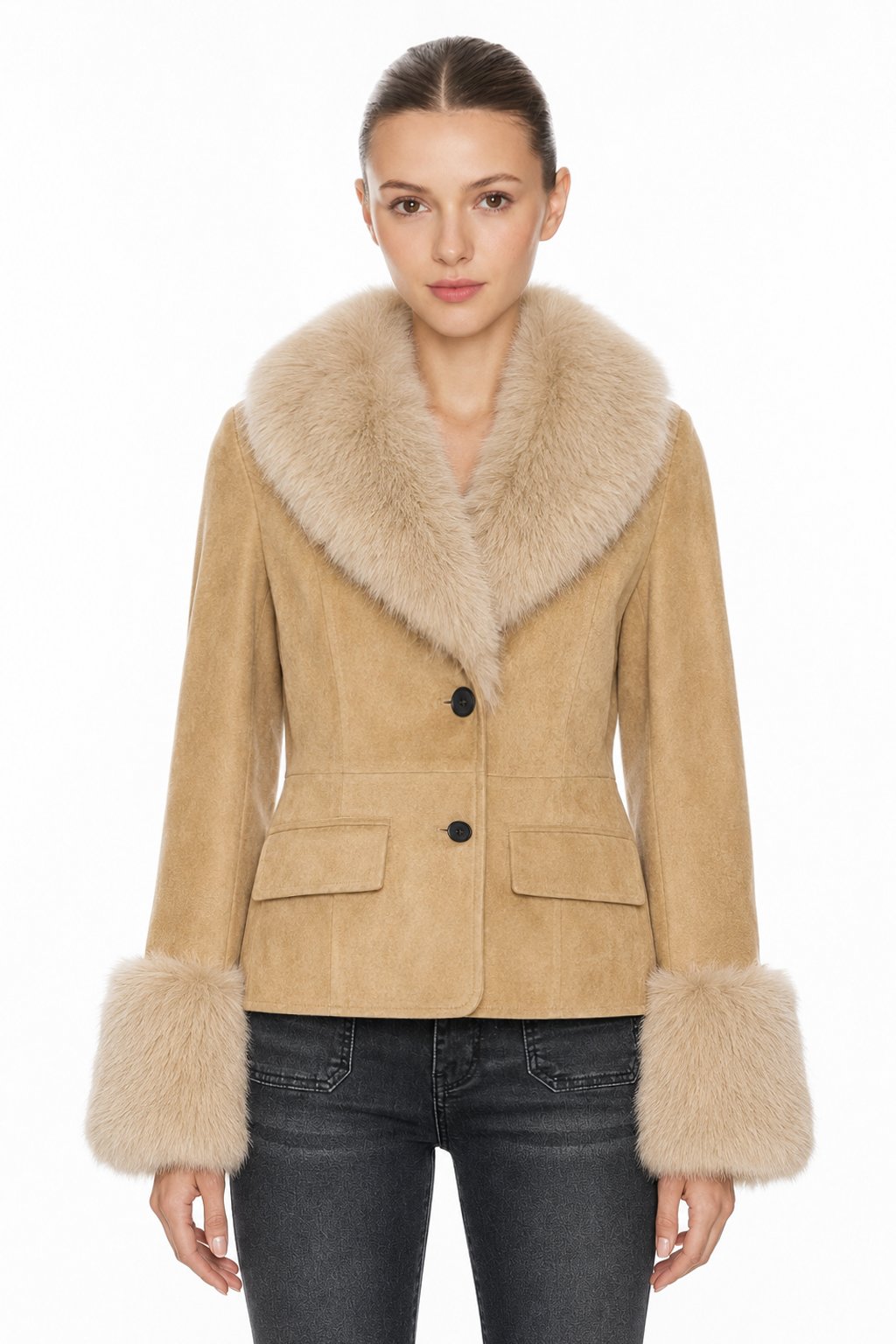Sunzel Womens Faux Suede Jacket Faux Fur Collar Cuffs Short Coat, Button Front Warm Dressy Winter Outerwear with Flap Pockets