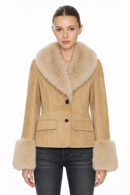 Sunzel Womens Faux Suede Jacket Faux Fur Collar Cuffs Short Coat, Button Front Warm Dressy Winter Outerwear with Flap Pockets