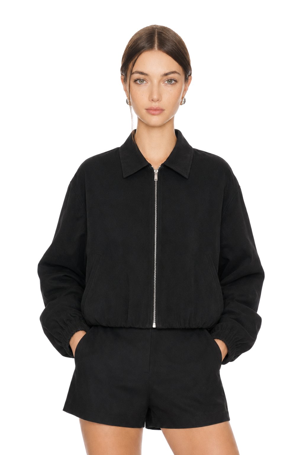 Sunzel Womens Cropped Bomber Jacket Full Zip Suede Look Turn Down Collar Balloon Sleeve Fall Coat