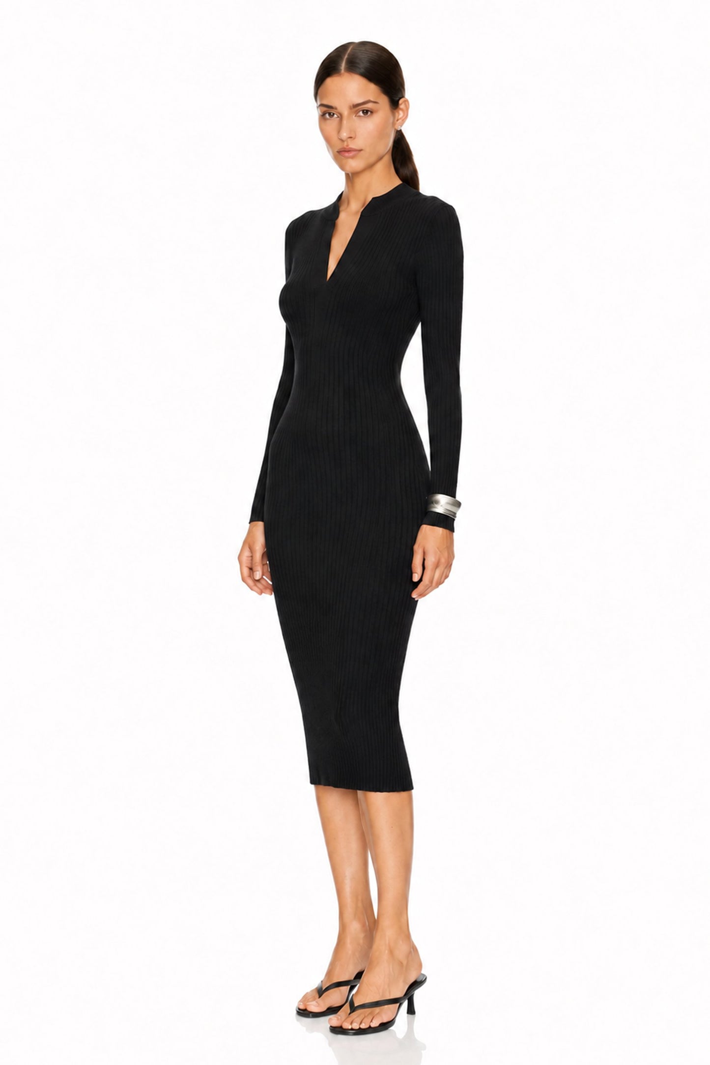 Sunzel Women's Ribbed Sweater Dress Long Sleeve Bodycon Midi Dress, Mock Neck V Cut Knit Dress for Fall Winter Going Out