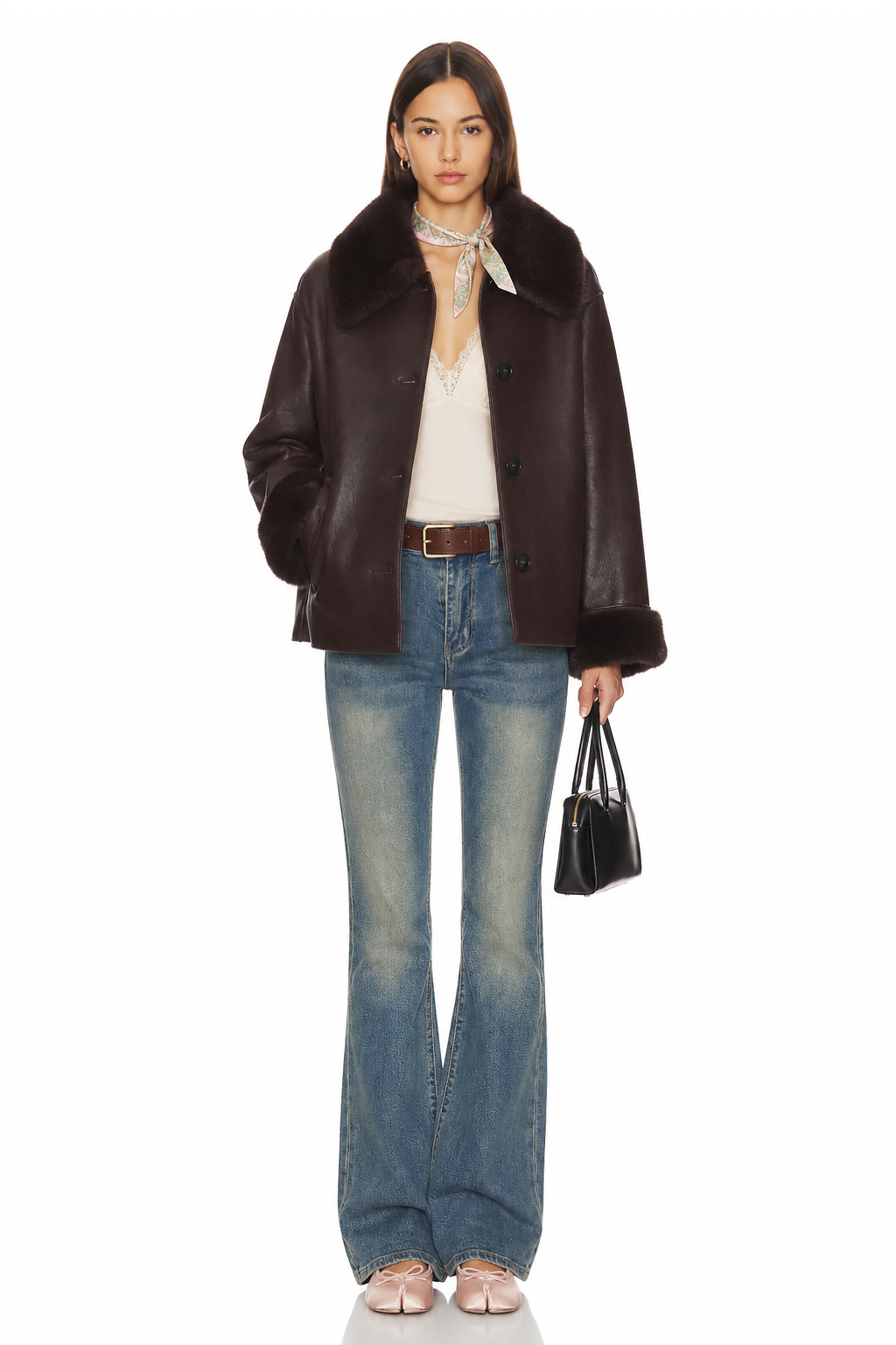 Sunzel Womens Faux Leather Jacket Faux Fur Collar Cuffs Dark Brown, Button Front Oversized Short Winter Coat with Pockets