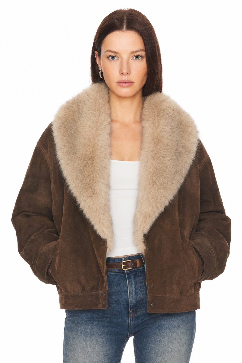 Sunzel Women's Faux Suede Bomber Jacket Faux Fur Collar Oversized Coat, Brown Winter Jacket with Pockets, Fall Fashion Outerwear