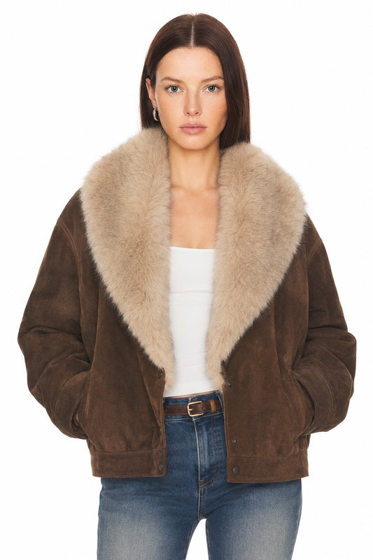 Sunzel Women's Faux Suede Bomber Jacket Faux Fur Collar Oversized Coat, Brown Winter Jacket with Pockets, Fall Fashion Outerwear
