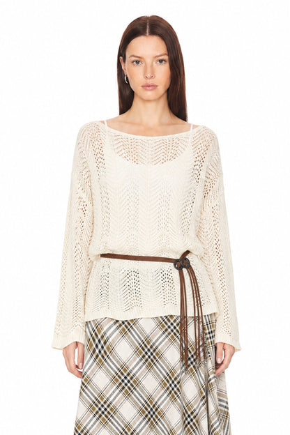 Sunzel Womens Openwork Knit Poncho Sweater Belted Long Sleeve Loose Fit Fall Pullover Top