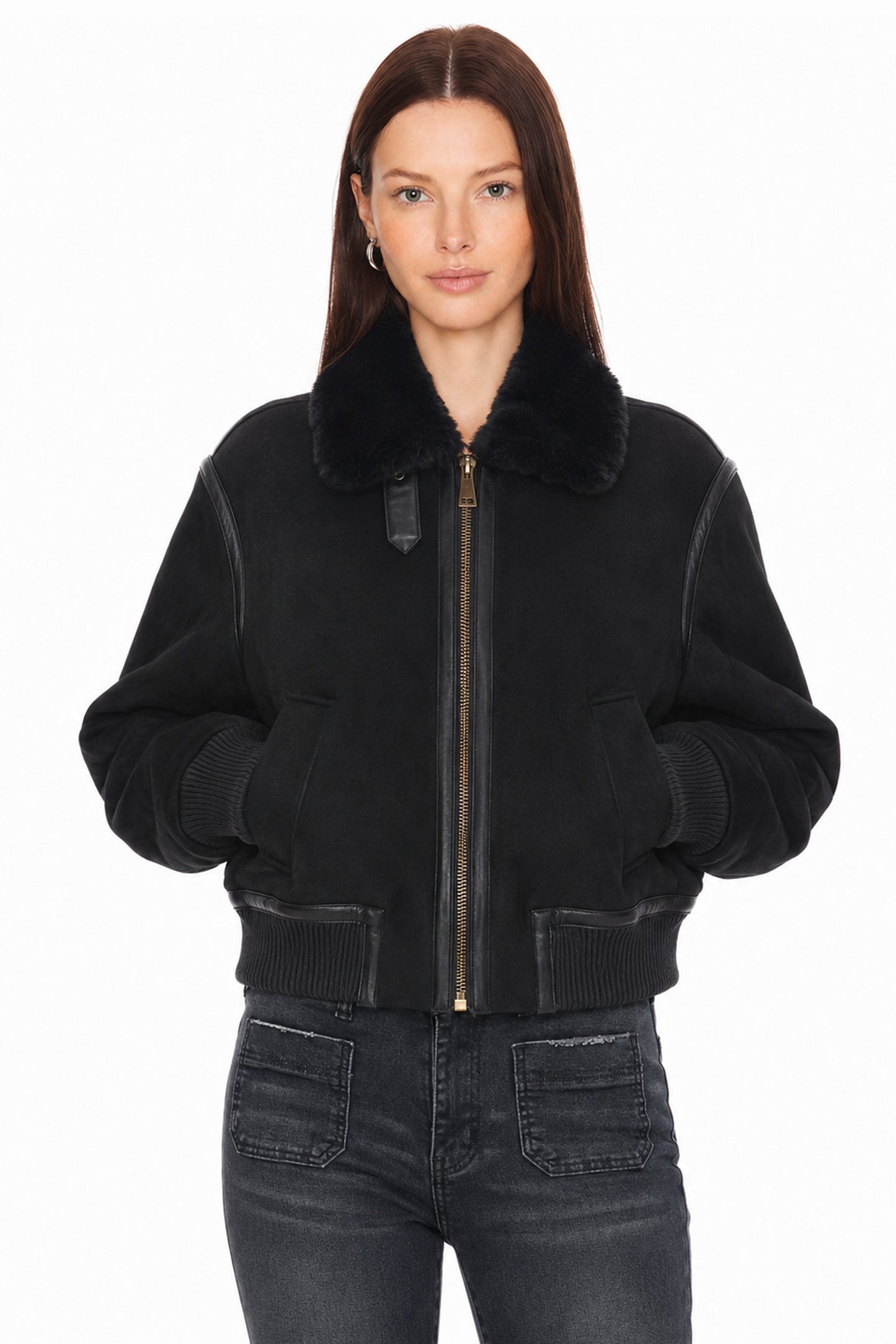 Sunzel Womens Cropped Bomber Jacket Faux Fur Collar Zip Up Winter Coat, Black Short Outerwear with Faux Leather Trim and Pockets