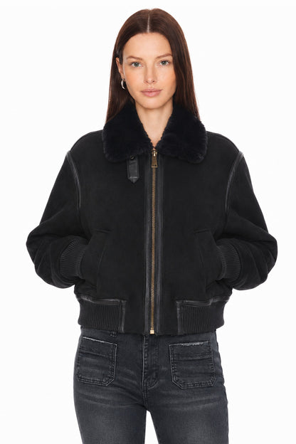 Sunzel Womens Cropped Bomber Jacket Faux Fur Collar Zip Up Winter Coat, Black Short Outerwear with Faux Leather Trim and Pockets