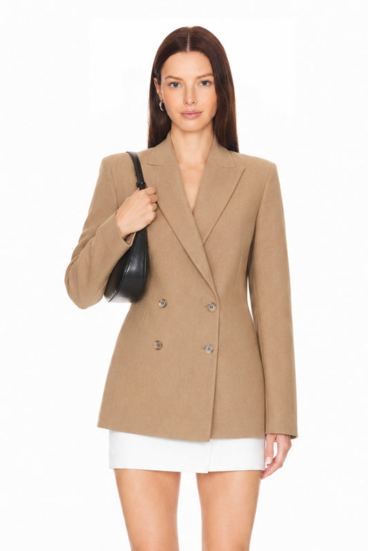 Sunzel Womens Camel Double Breasted Blazer Jacket Slim Fit Lapel Long Sleeve Office Work Coat