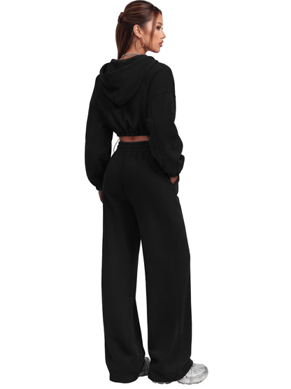 Sunzel Women's Two Piece Sweat Set Cropped Zip-Up Hoodie and Wide-Leg Pants