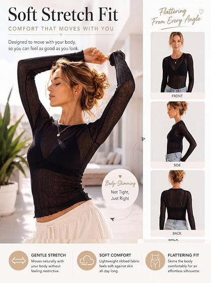 Sunzel Women's Sheer Long Sleeve Fitted Mesh Layering Top for Bralette | Lightweight Cotton-Blend Knit, Soft Stretch, Semi-Sheer Coverage, Lettuce Cuffs, Regular Length For Beach and Casual Wear