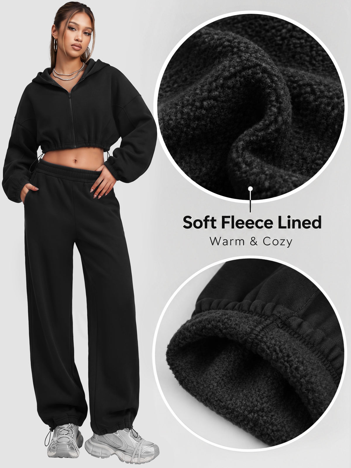 Sunzel Women's Two Piece Sweat Set Cropped Zip-Up Hoodie and Wide-Leg Pants