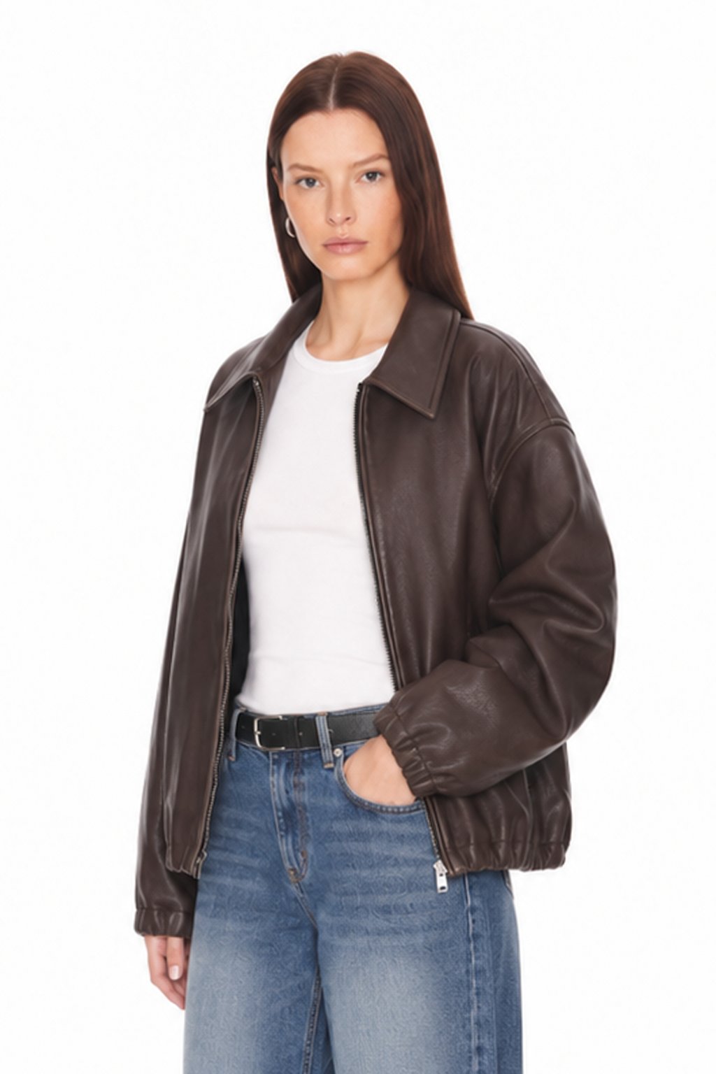 Sunzel Womens Faux Leather Jacket Oversized Zip Up Bomber Style Fall Coat, Casual Long Sleeve Flight Jacket with Pockets