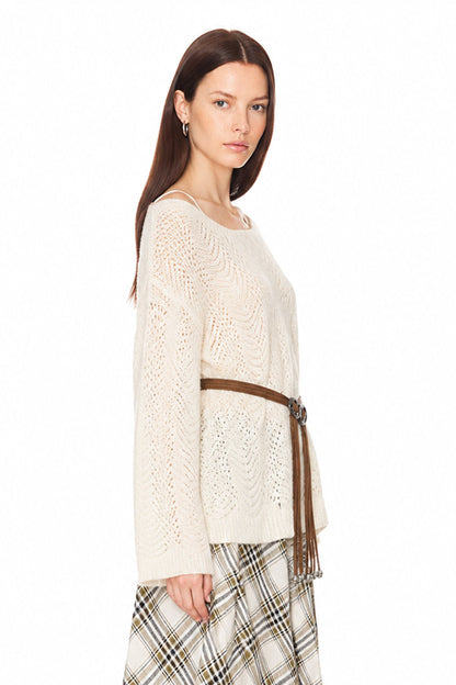 Sunzel Womens Openwork Knit Poncho Sweater Belted Long Sleeve Loose Fit Fall Pullover Top