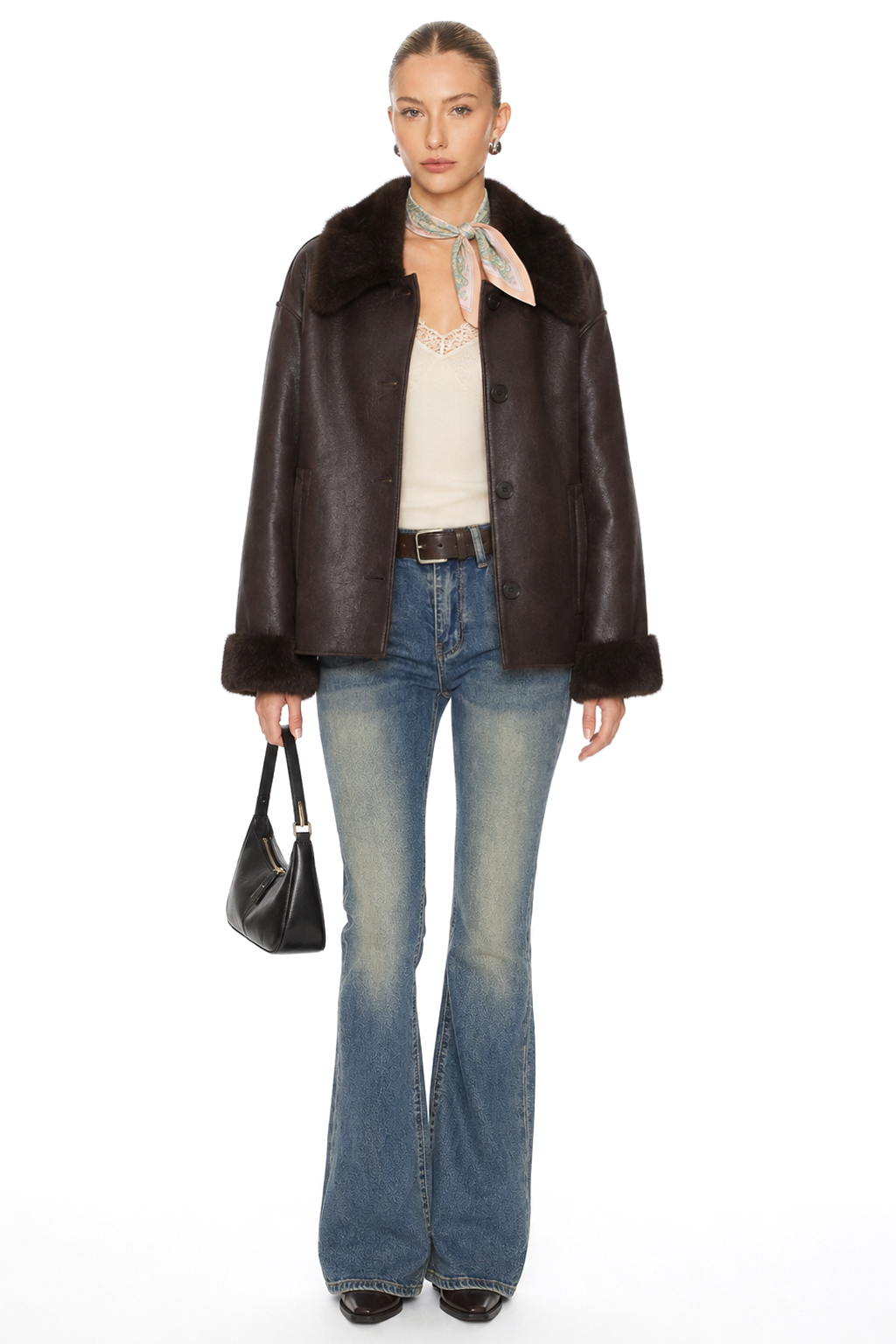 Sunzel Womens Faux Leather Jacket Faux Fur Collar Cuffs Dark Brown, Button Front Oversized Short Winter Coat with Pockets