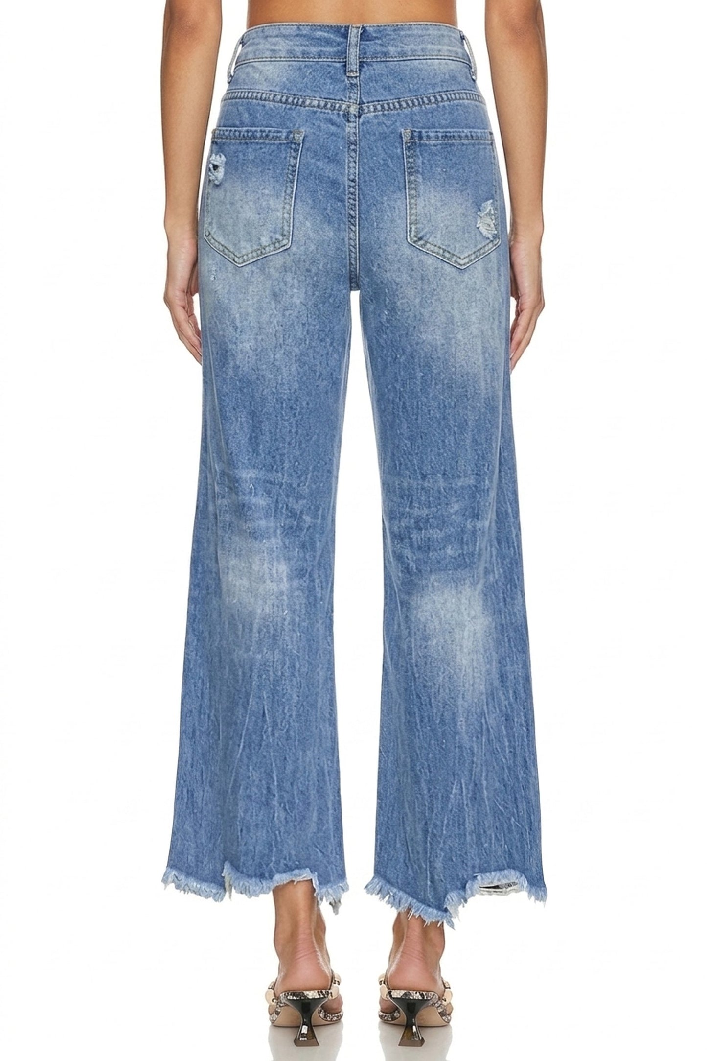 Sunzel Women's High Waisted Cropped Wide Leg Jeans Distressed Denim Pants, Frayed Hem Straight Leg Jeans with Pockets, Casual Vintage Jeans