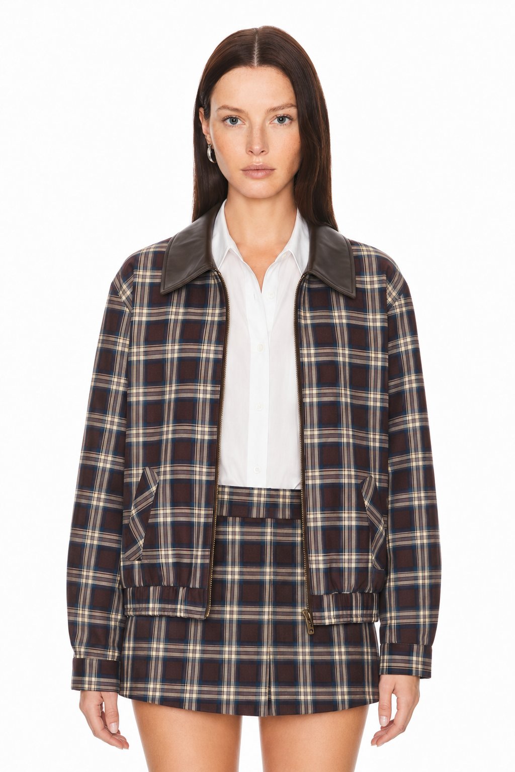 Sunzel Womens Plaid Two Piece Skirt Set Zip Up Jacket Mini Skirt, Faux Leather Collar Matching Outfit with Pockets, Fall Spring Casual Streetwear Set