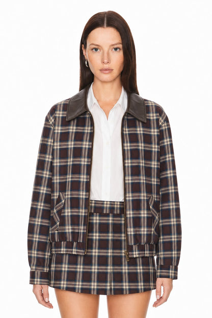 Sunzel Womens Plaid Two Piece Skirt Set Zip Up Jacket Mini Skirt, Faux Leather Collar Matching Outfit with Pockets, Fall Spring Casual Streetwear Set