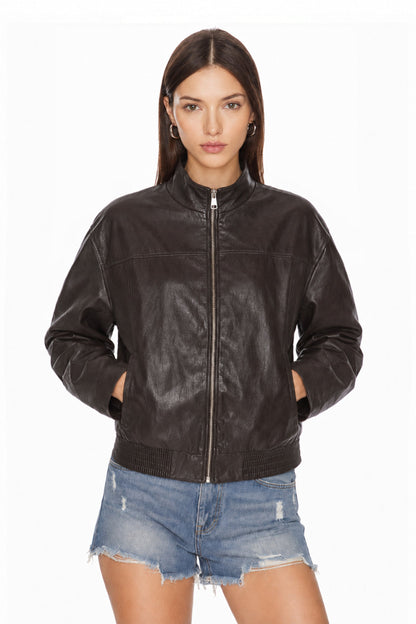 Sunzel Womens Faux Leather Bomber Jacket Cropped Zip Up Jacket, Stand Collar Long Sleeve Motorcycle Style Fall Coat with Pockets