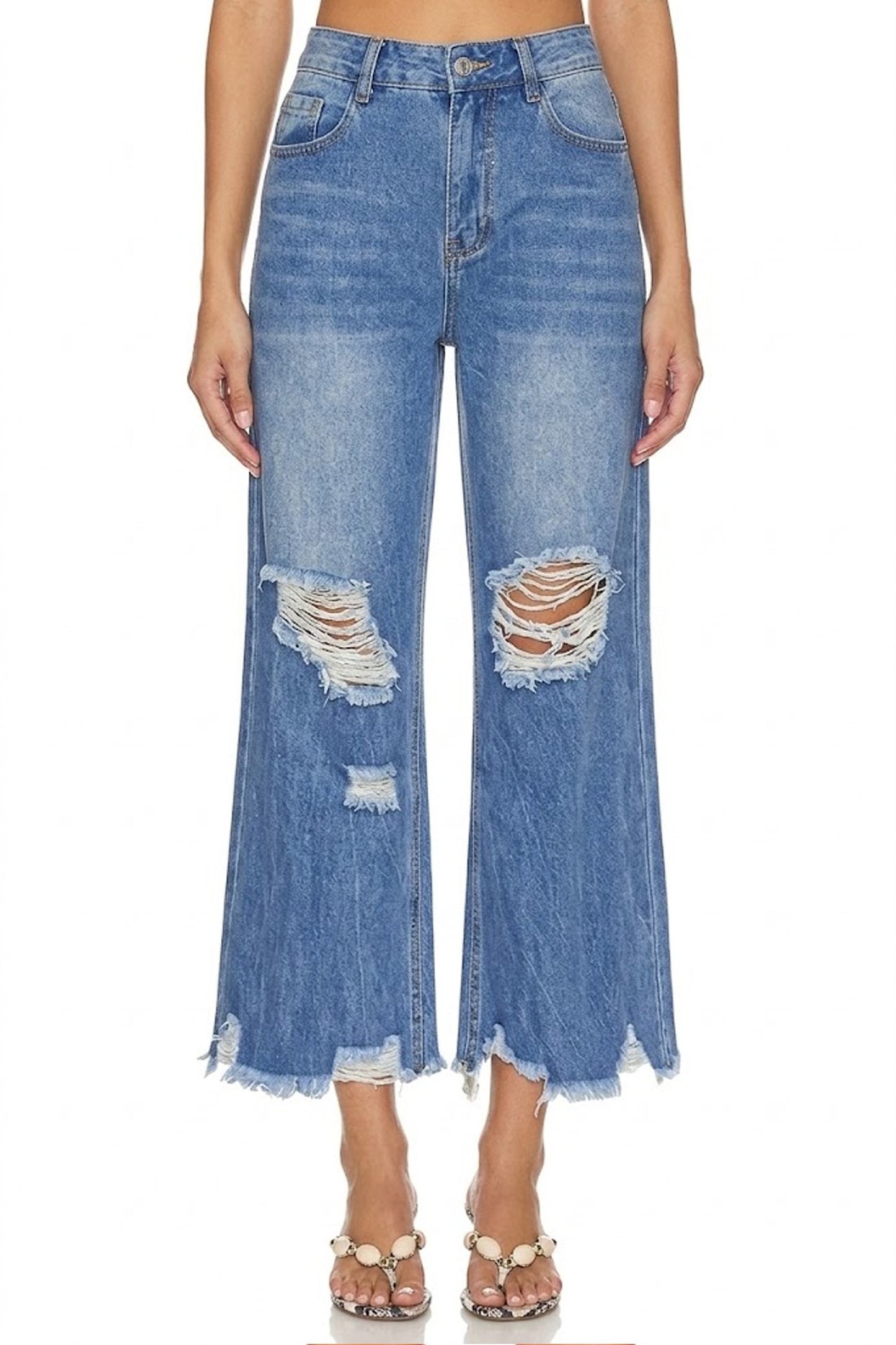 Sunzel Women's High Waisted Cropped Wide Leg Jeans Distressed Denim Pants, Frayed Hem Straight Leg Jeans with Pockets, Casual Vintage Jeans