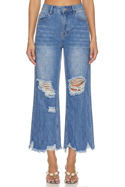 Sunzel Women's High Waisted Cropped Wide Leg Jeans Distressed Denim Pants, Frayed Hem Straight Leg Jeans with Pockets, Casual Vintage Jeans