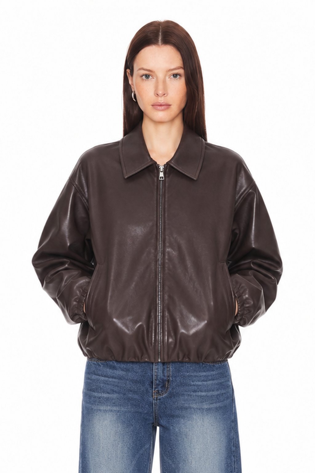 Sunzel Womens Faux Leather Jacket Oversized Zip Up Bomber Style Fall Coat, Casual Long Sleeve Flight Jacket with Pockets
