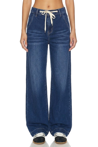 Sunzel Women's High Waisted Wide Leg Jeans Tie Waist Denim Pants, Relaxed Straight Leg Jeans with Pockets, Casual Loose Fit Jeans