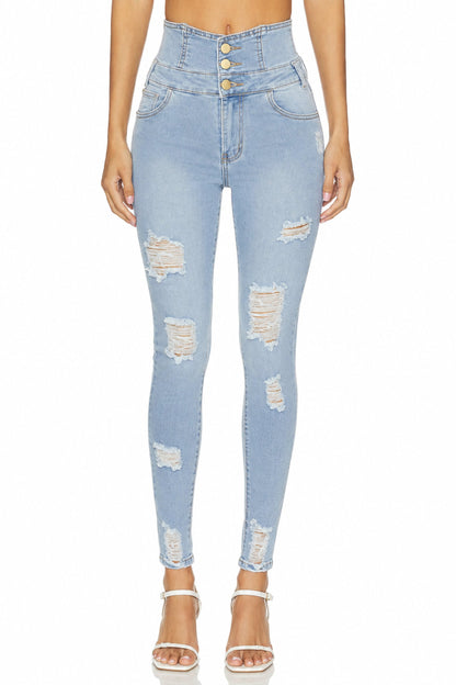 Sunzel Women's High Waisted Ripped Skinny Jeans Button Fly Stretch Denim Pants, Light Wash Distressed Slim Fit Ankle Jeans with Pockets