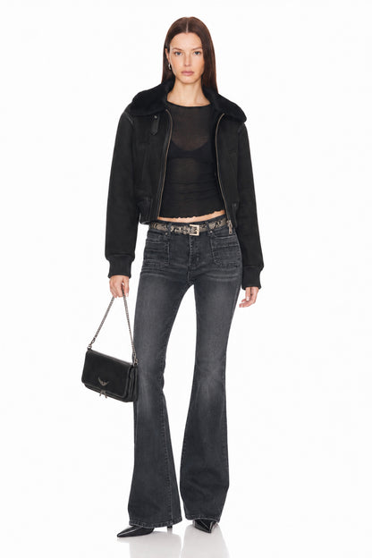 Sunzel Womens Cropped Bomber Jacket Faux Fur Collar Zip Up Winter Coat, Black Short Outerwear with Faux Leather Trim and Pockets