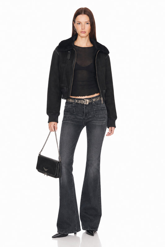 Sunzel Womens Cropped Bomber Jacket Faux Fur Collar Zip Up Winter Coat, Black Short Outerwear with Faux Leather Trim and Pockets