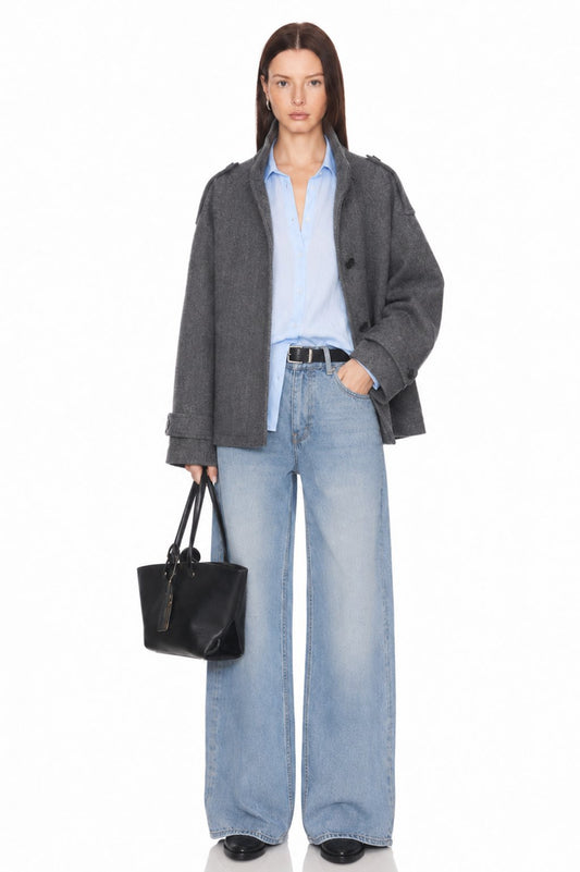 Sunzel Womens Gray Wool Look Jacket Stand Collar Short Coat, Single Breasted Long Sleeve Winter Outerwear with Pockets, Dressy Casual Fall Jacket