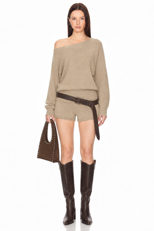 Sunzel Womens Two Piece Knit Lounge Set Off Shoulder Sweater Top and Shorts Fall Winter Outfit