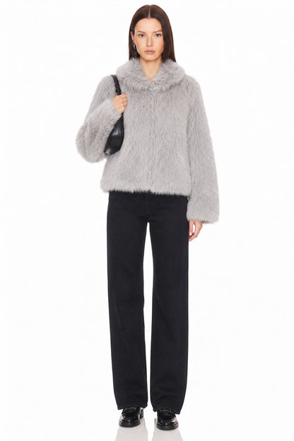 Sunzel Women's Faux Fur Coat Hooded Cropped Jacket, Light Gray Fluffy Plush Long Sleeve Winter Outerwear for Dressy Casual Outfits